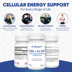 DR.MORGAN PQQ CoQ10 with a clear glass of water beside to imply easy intake.
