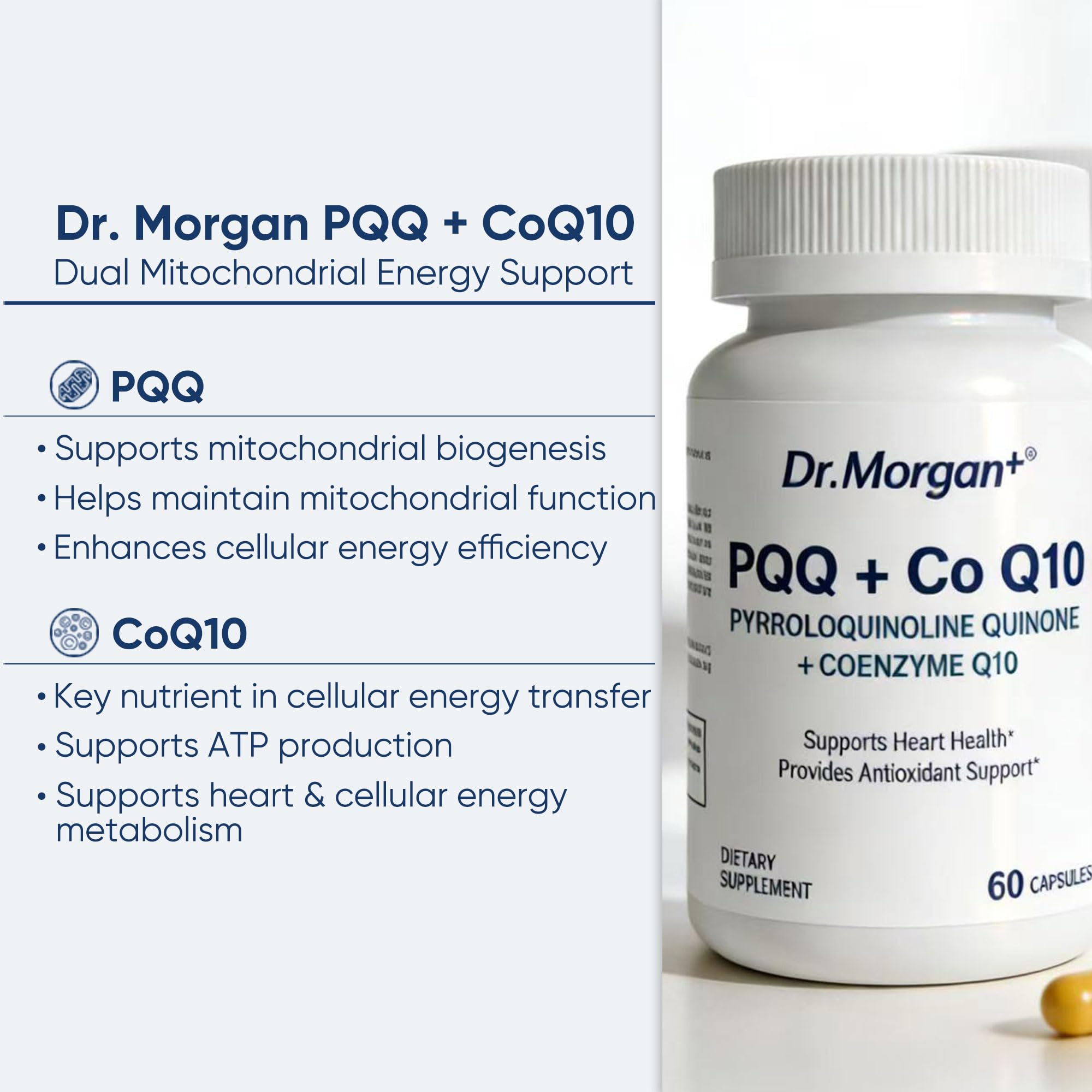 DR.MORGAN PQQ CoQ10 ingredients panel highlights non-GMO purity for clean daily supplementation.