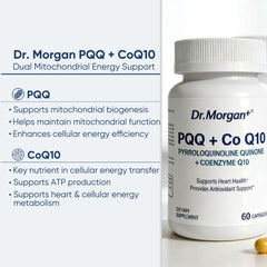 DR.MORGAN PQQ CoQ10 ingredients panel highlights non-GMO purity for clean daily supplementation.