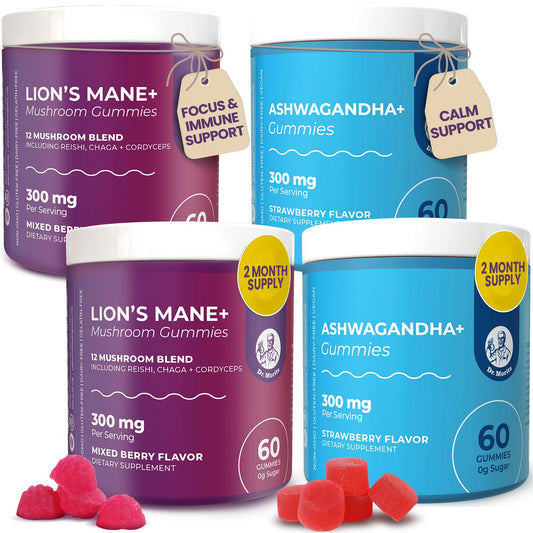 DR. MORITZ Ashwagandha + Lions Mane Gummies bottle promotes calm and focus for daily use.