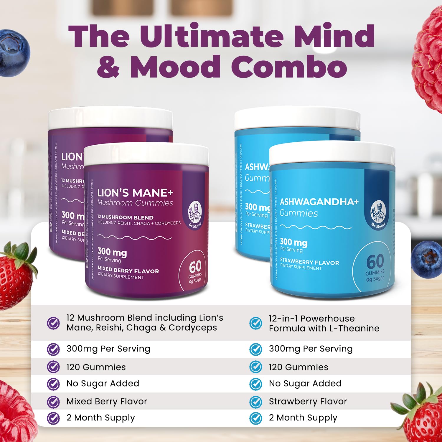 DR. MORITZ gummies closeup shows strawberry flavor and soft chew texture for easy ingestion.