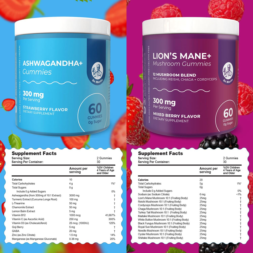 DR. MORITZ gummies bottle front label highlights 12-in-1 formula and sugar-free recipe.