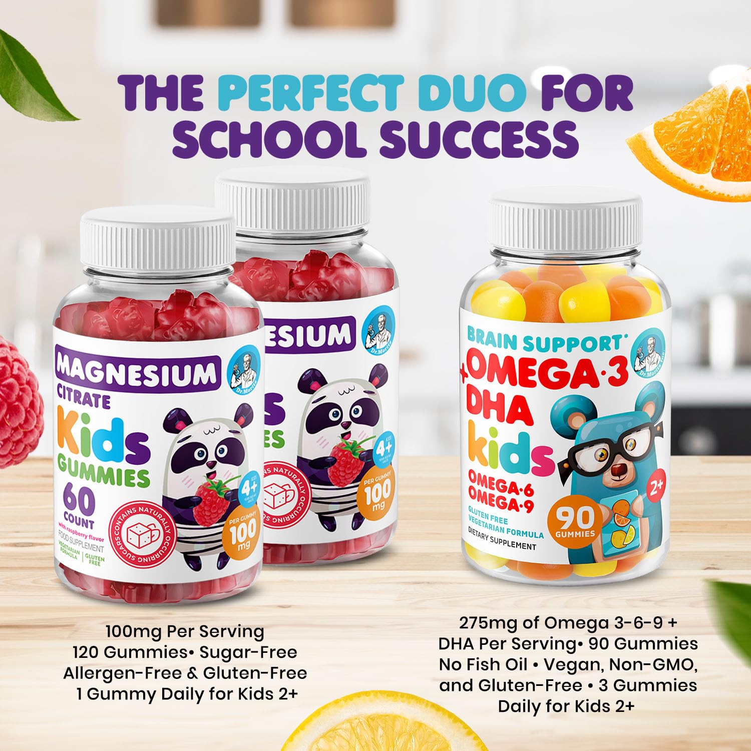 Close-up of DR. MORITZ raspberry magnesium gummies for kids.