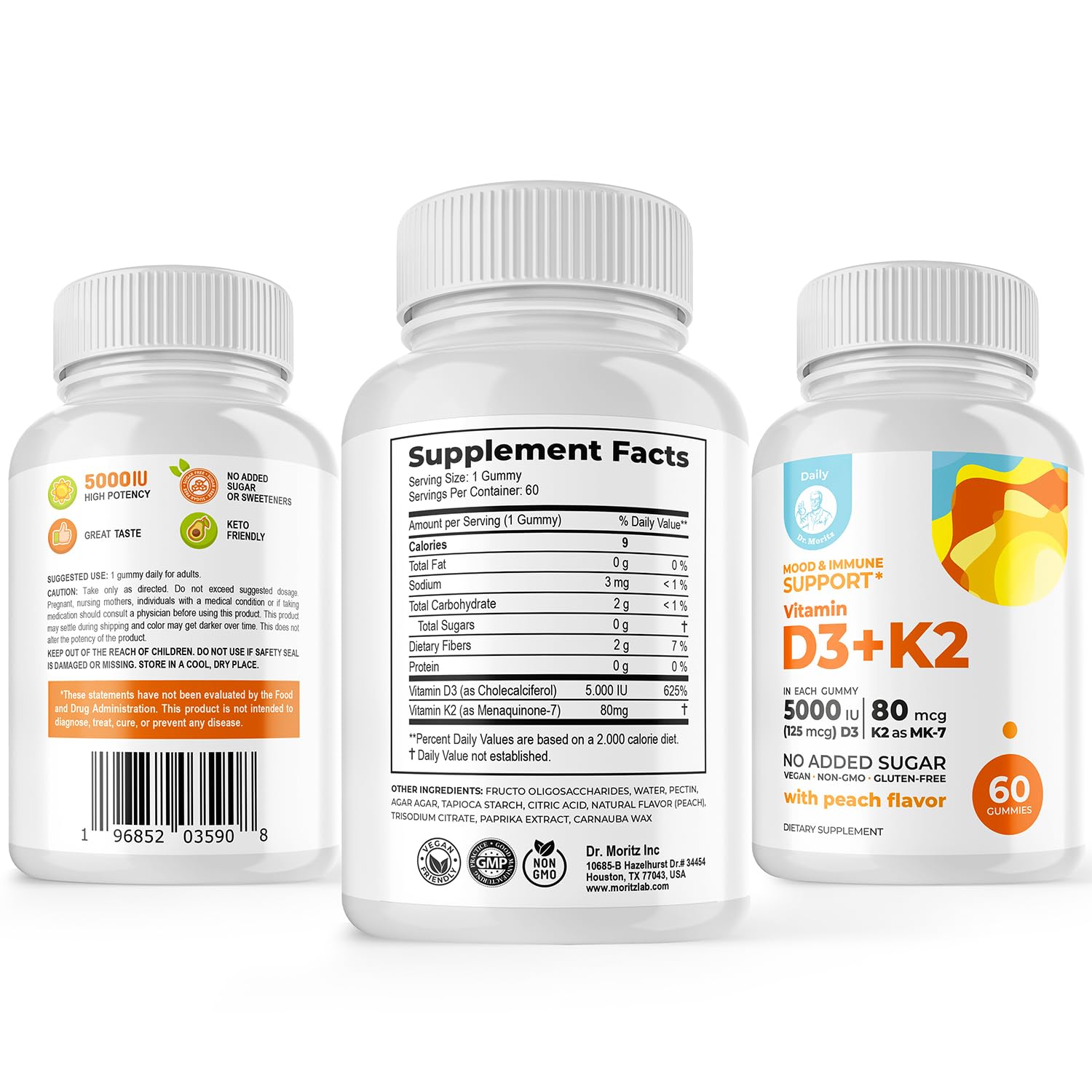 DR. MORITZ D3 K2 gummies jar closeup, supports immune health and bone balance.