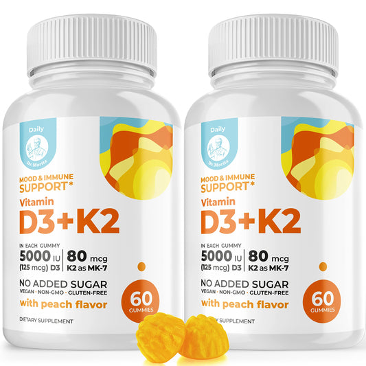 DR. MORITZ D3 K2 gummies peach bottle closeup, vegan and sugar-free.
