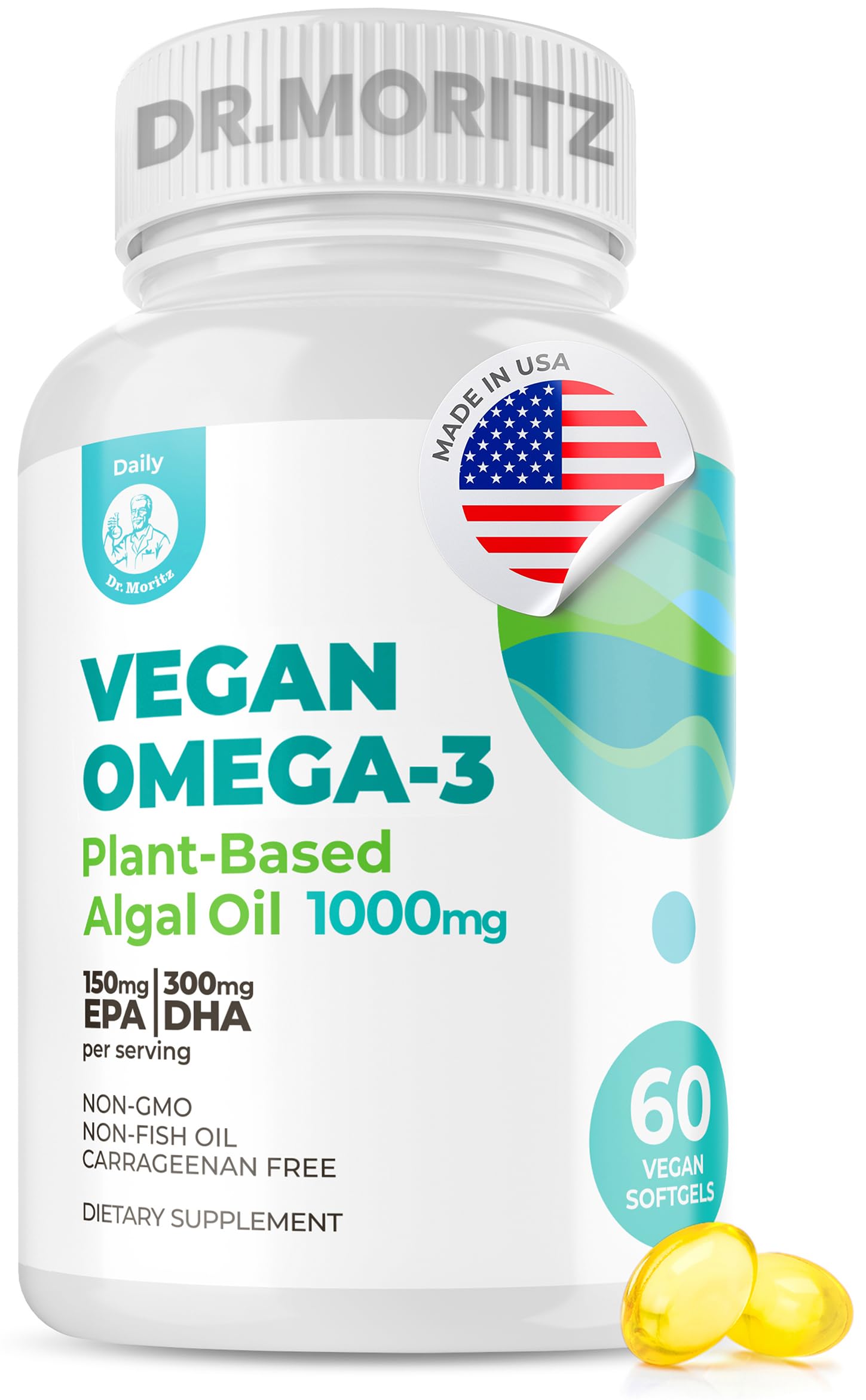 DR. MORITZ vegan omega-3 softgels bottle supports daily heart function and mental clarity.