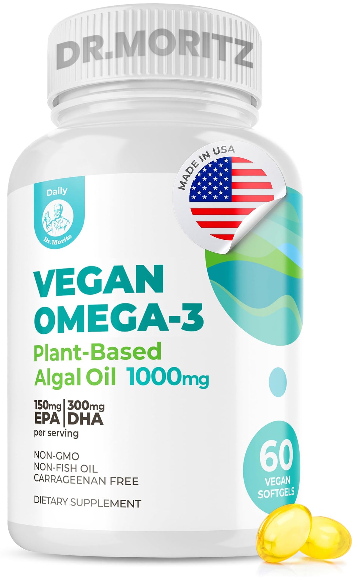 DR. MORITZ vegan omega-3 softgels bottle supports daily heart function and mental clarity.