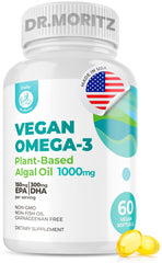 DR. MORITZ vegan omega-3 softgels bottle supports daily heart function and mental clarity.