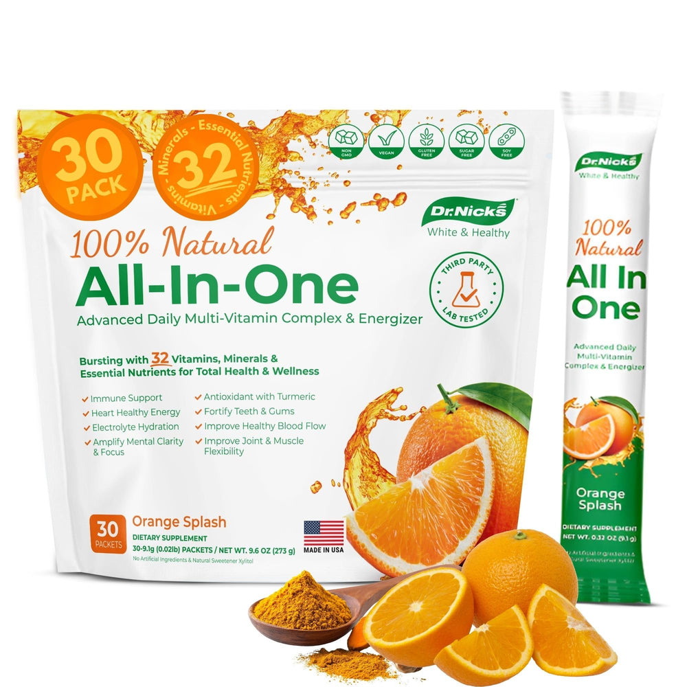 Dr. Nick's White & Healthy Orange Splash multivitamin bottle promoting daily wellness and immune support.