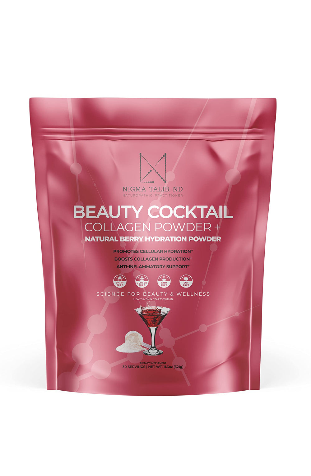DR. NIGMA Beauty Cocktail Powder bottle highlights hydration-friendly formula for daily glow.