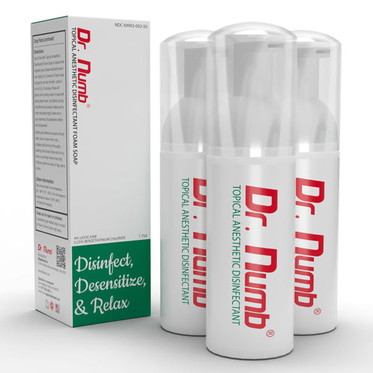 Dr. Numb 4% lidocaine foam soap bottle ready for quick temporary relief during care.