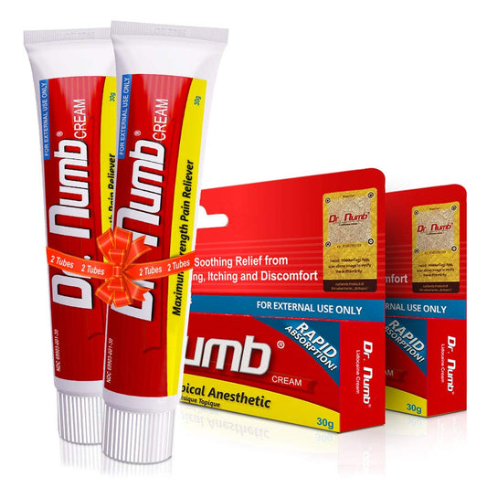 Dr. Numb 5% lidocaine cream pack with two bottles for easy home use.