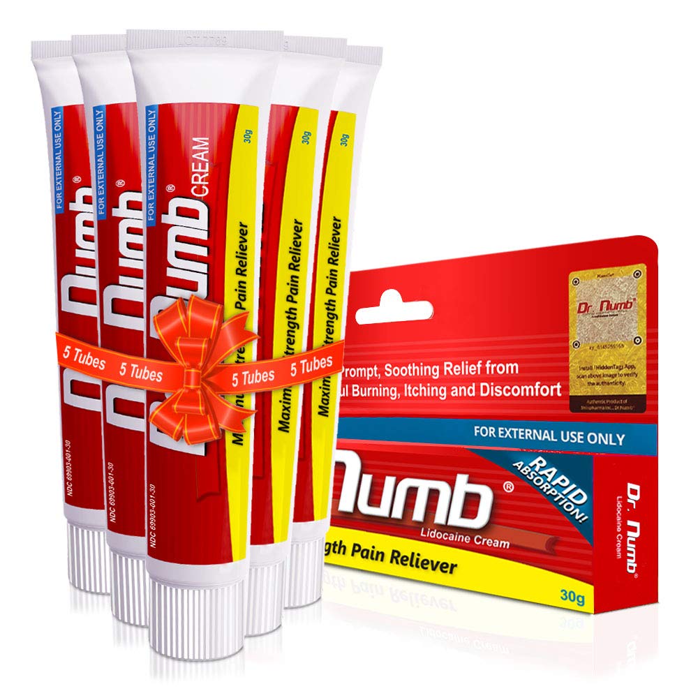 Dr. Numb 5% lidocaine cream packaging with secure child-resistant cap for safety.