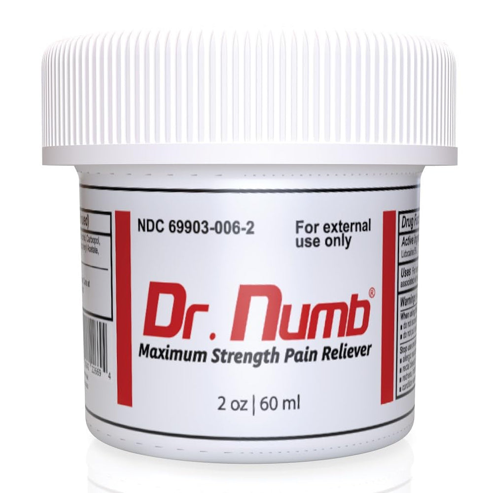 Dr. Numb 5% Lidocaine Cream tube close-up shows quick onset.