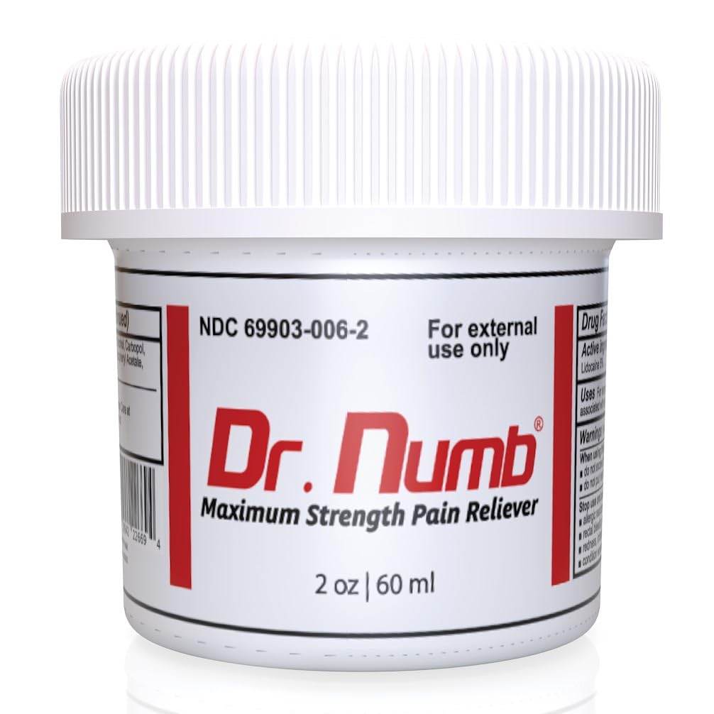 Dr. Numb 5% Lidocaine Cream tube close-up shows quick onset.