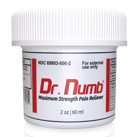 Dr. Numb 5% Lidocaine Cream tube close-up shows quick onset.