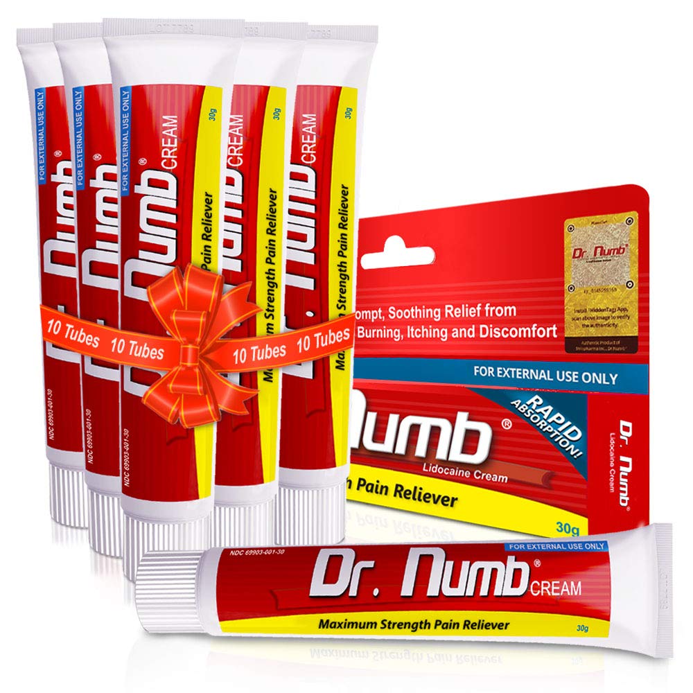 Dr. Numb 5% lidocaine cream tube front view offering fast, portable numbness option