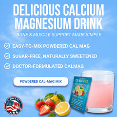 Cal-Mag Vites strawberry lemon packet dissolving in a glass of water for bone support