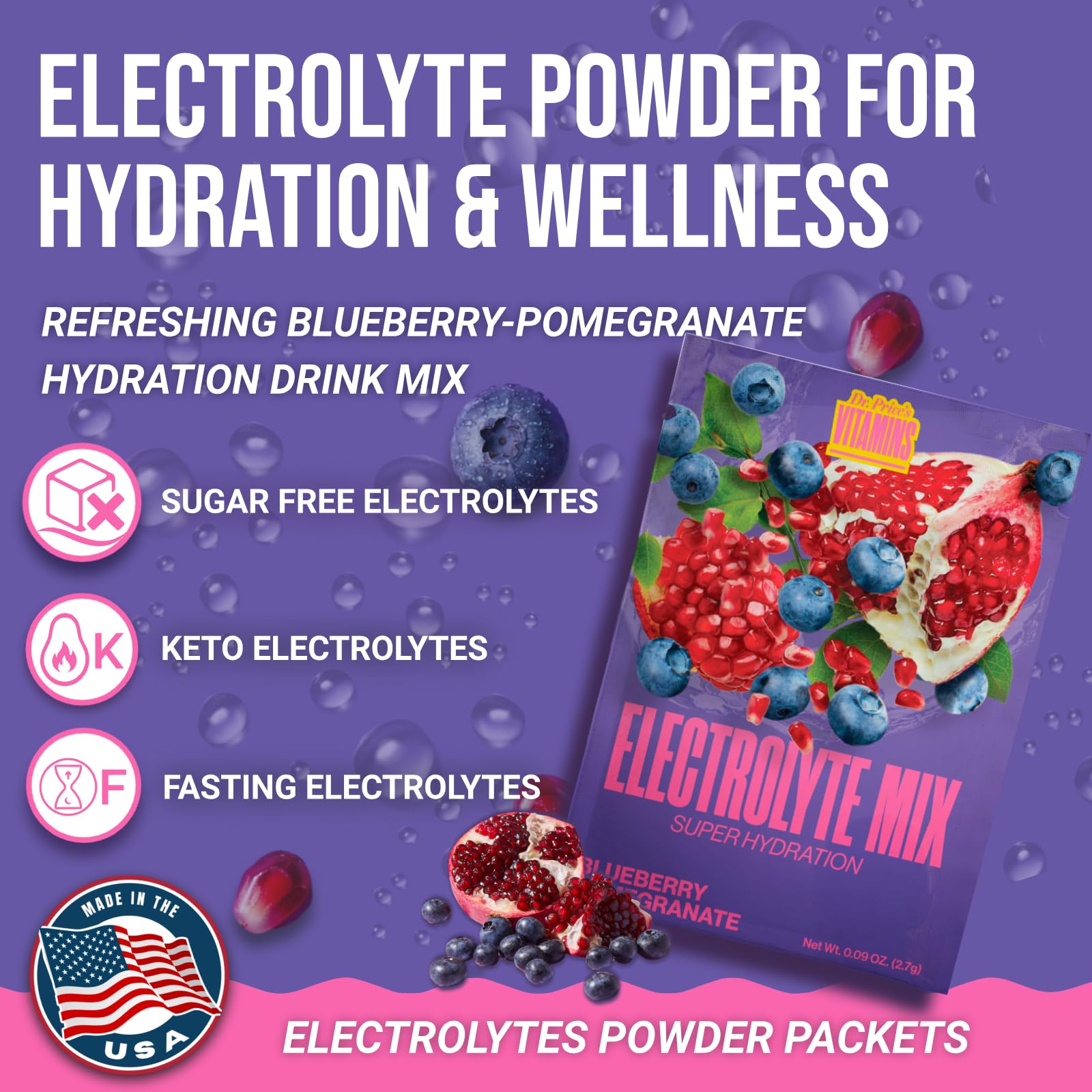 Dr. Price's Electrolytes Blueberry Pomegranate in a glass for refreshing flavor.