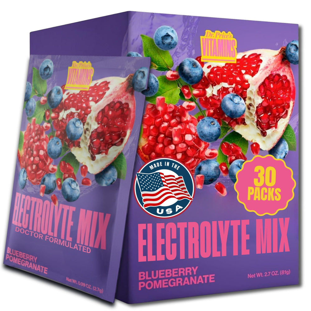 Dr. Price's Electrolytes Blueberry Pomegranate packets for balanced hydration with 72 minerals.