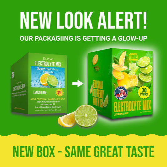 Dr. Price's Electrolytes Lemon Lime packaging for keto and sugar-free hydration.