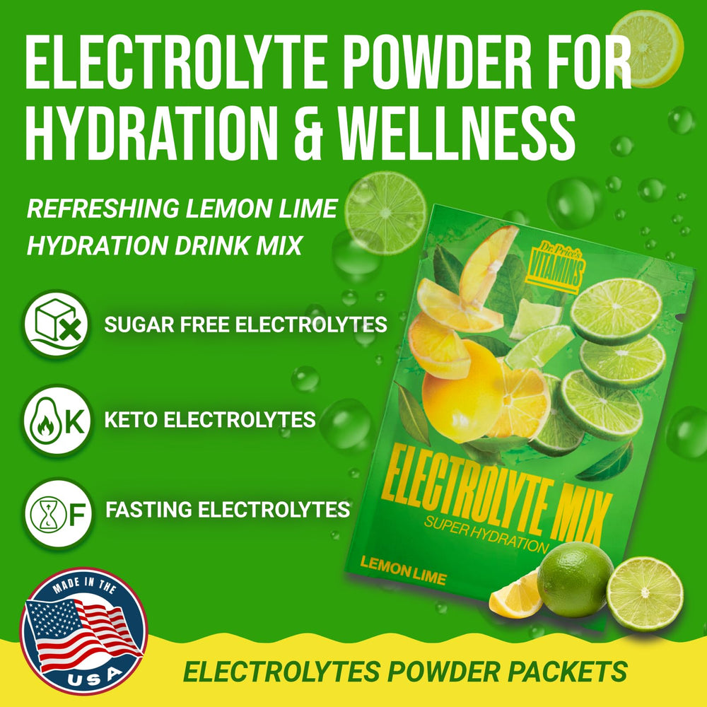 Dr. Price's Electrolytes Lemon Lime powder dissolves instantly in water for crisp hydration.