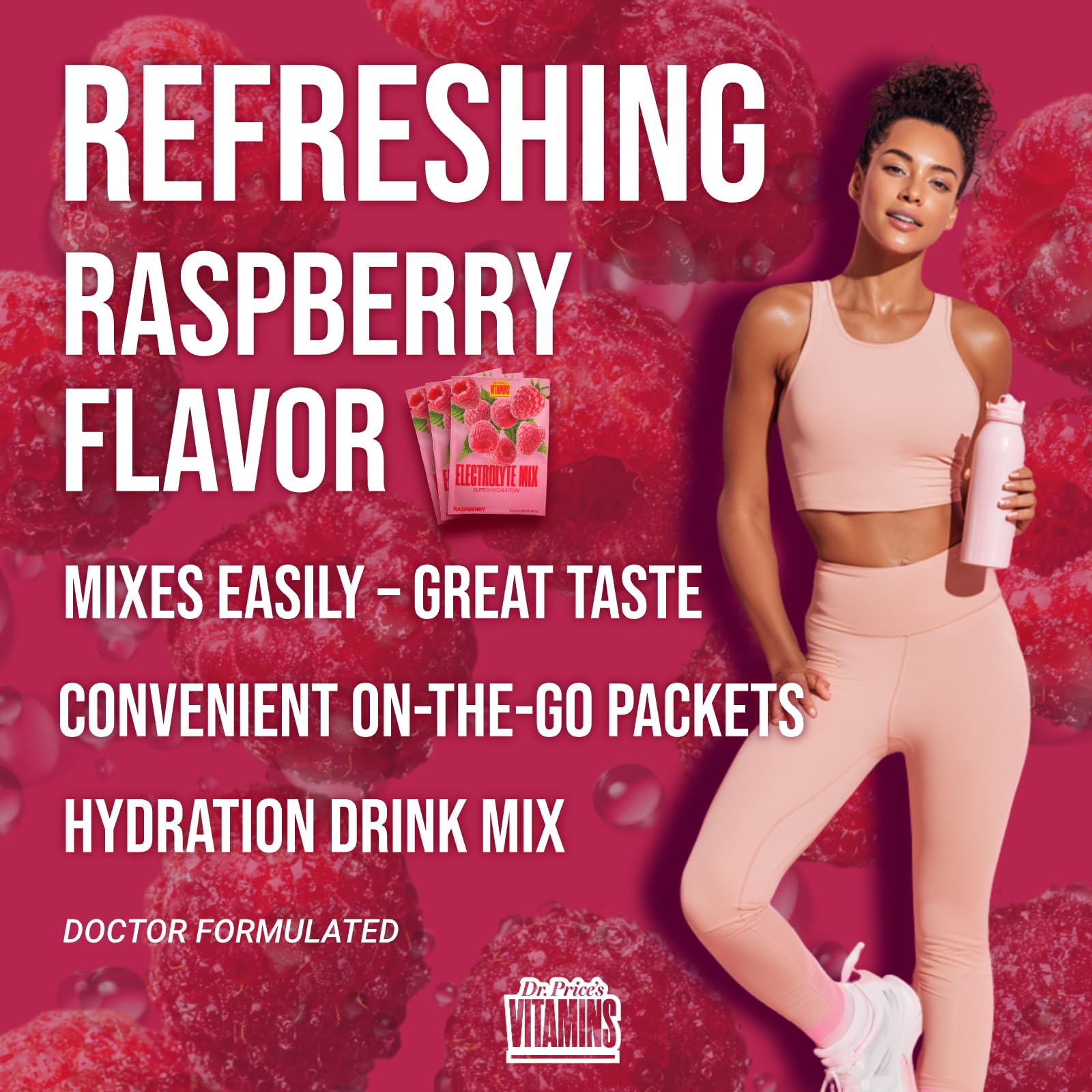 Dr. Price's Raspberry electrolytes label emphasizing 72 minerals detail.