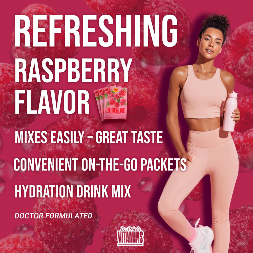 Dr. Price's Raspberry electrolytes label emphasizing 72 minerals detail.