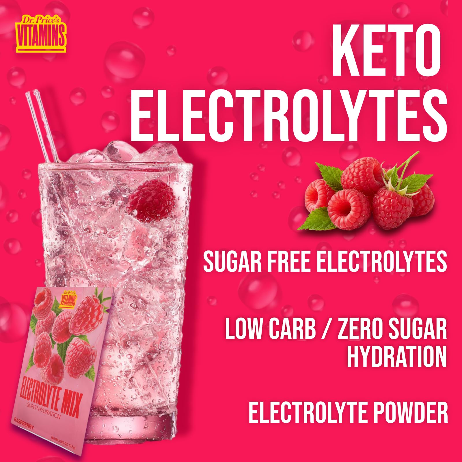 Dr. Price's Raspberry product icon set indicating keto-friendly and vegan options.