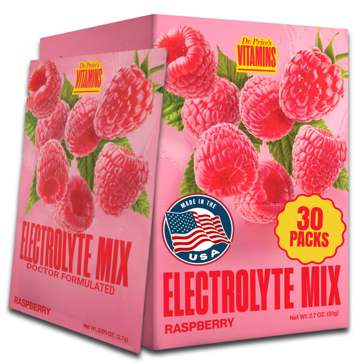 Dr. Price's Raspberry Electrolytes packets front view for quick workout hydration.