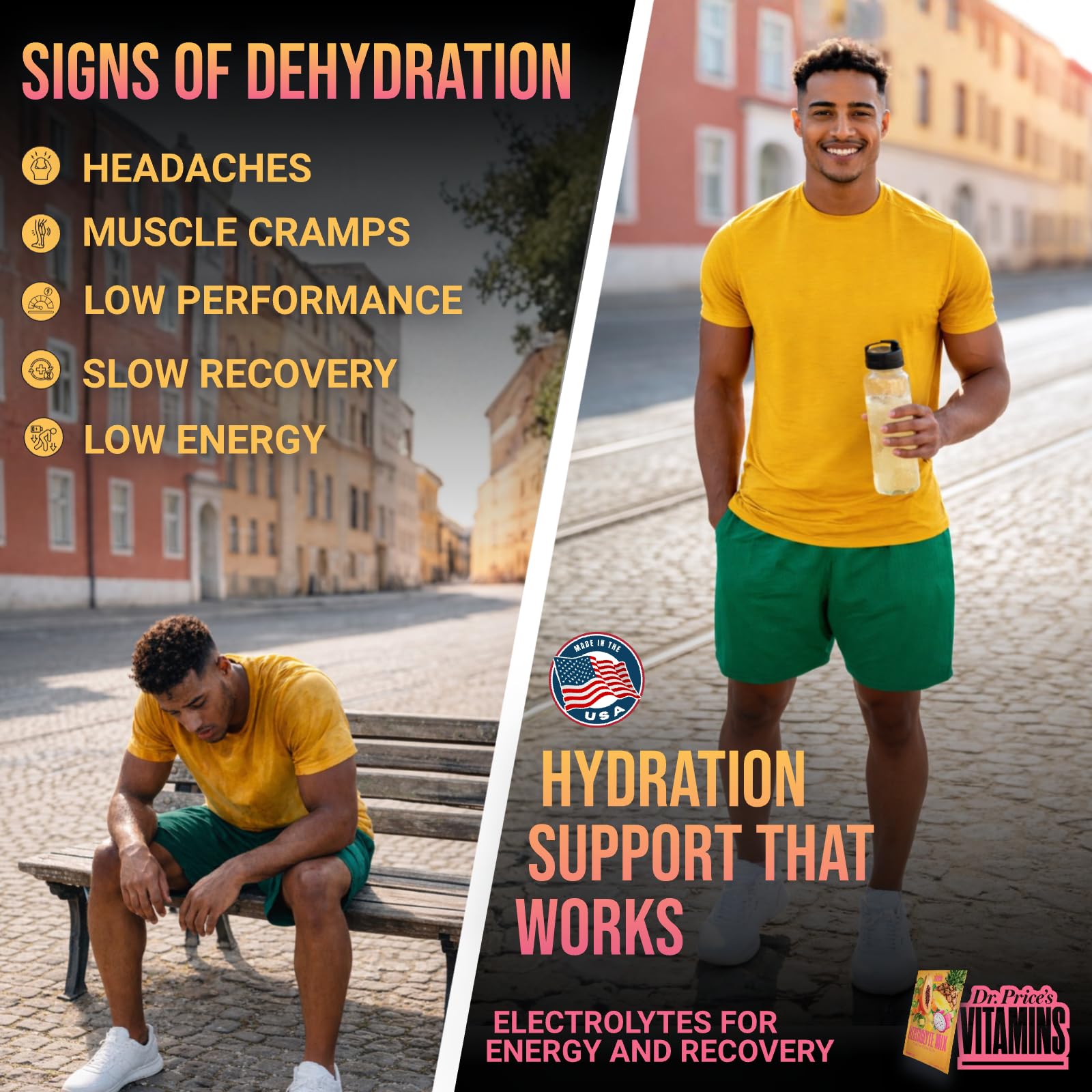 Dr. Price’s Electrolytes Tropical glass with stirred powder showcasing smooth mixability.