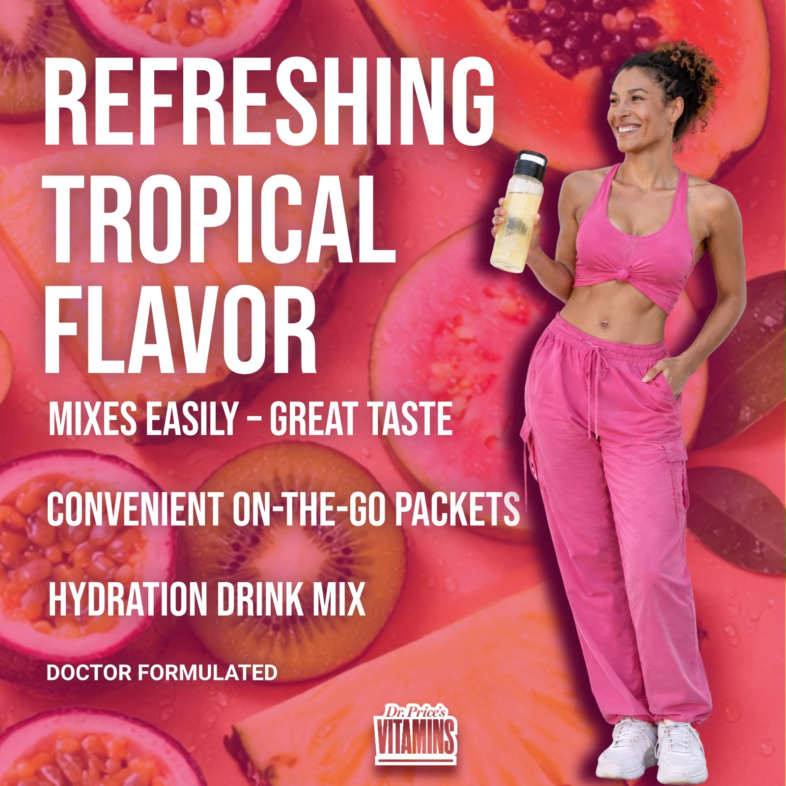 Dr. Price’s Electrolytes Tropical on kitchen counter for daily hydration.