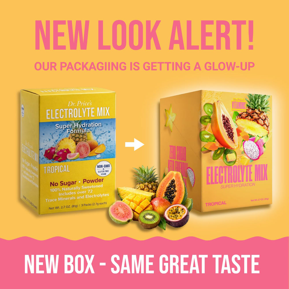 Dr. Price’s Electrolytes Tropical packet close-up highlighting flavor and minerals for quick hydration.