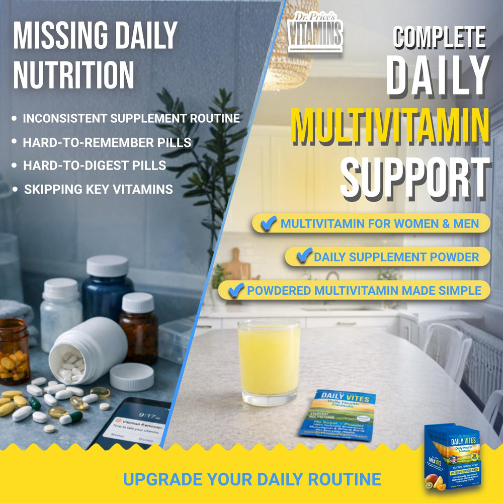 Dr Price's Vitamins Daily Vites powder dissolving in a glass of water.
