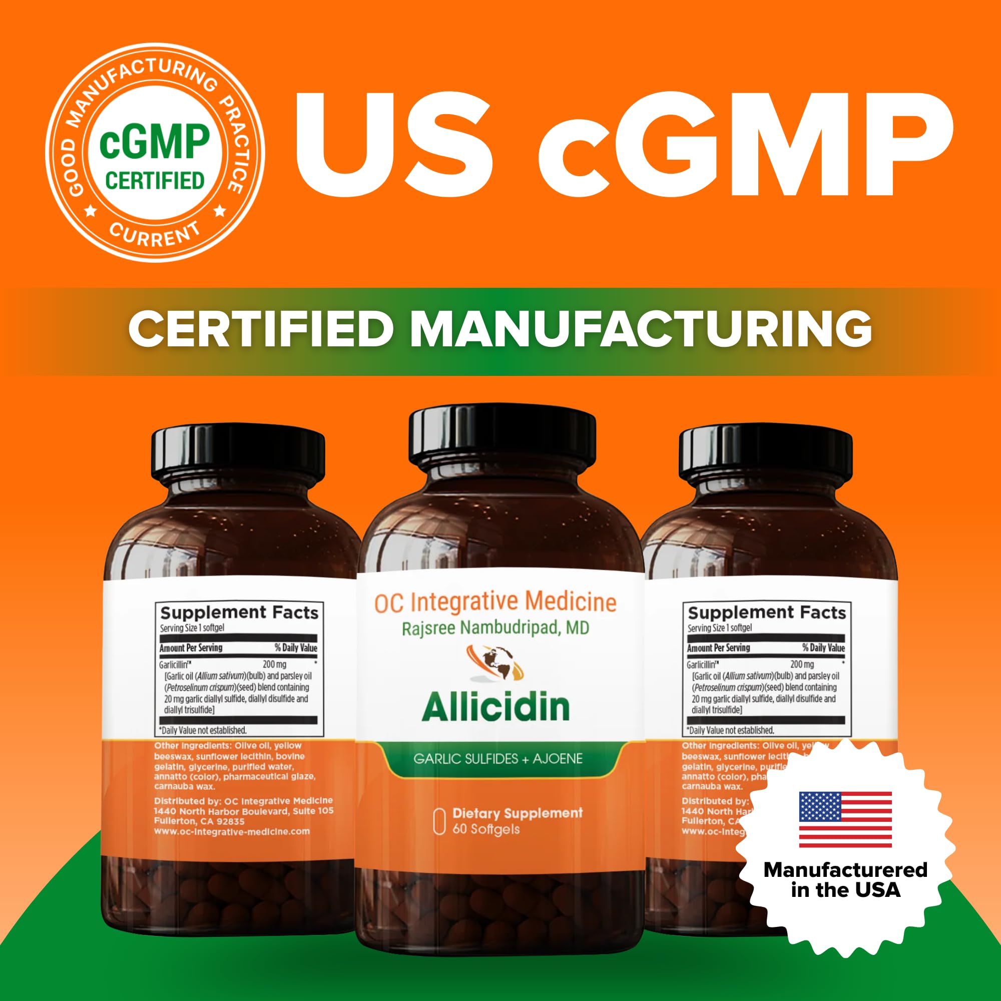 Dr. Rajsree Allicidin label closeup emphasizes quality and cGMP manufacturing standards.