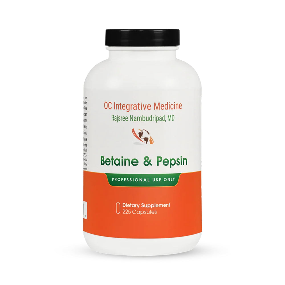 Dr. Rajsree OC Betaine Pepsin bottle shows physician‑formulated digestive support.