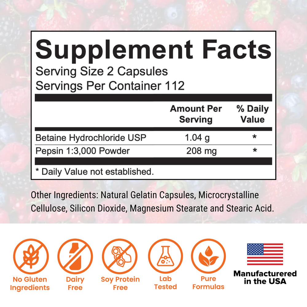 Dr. Rajsree Betaine Pepsin capsules ready for post‑meal protein digestion support.