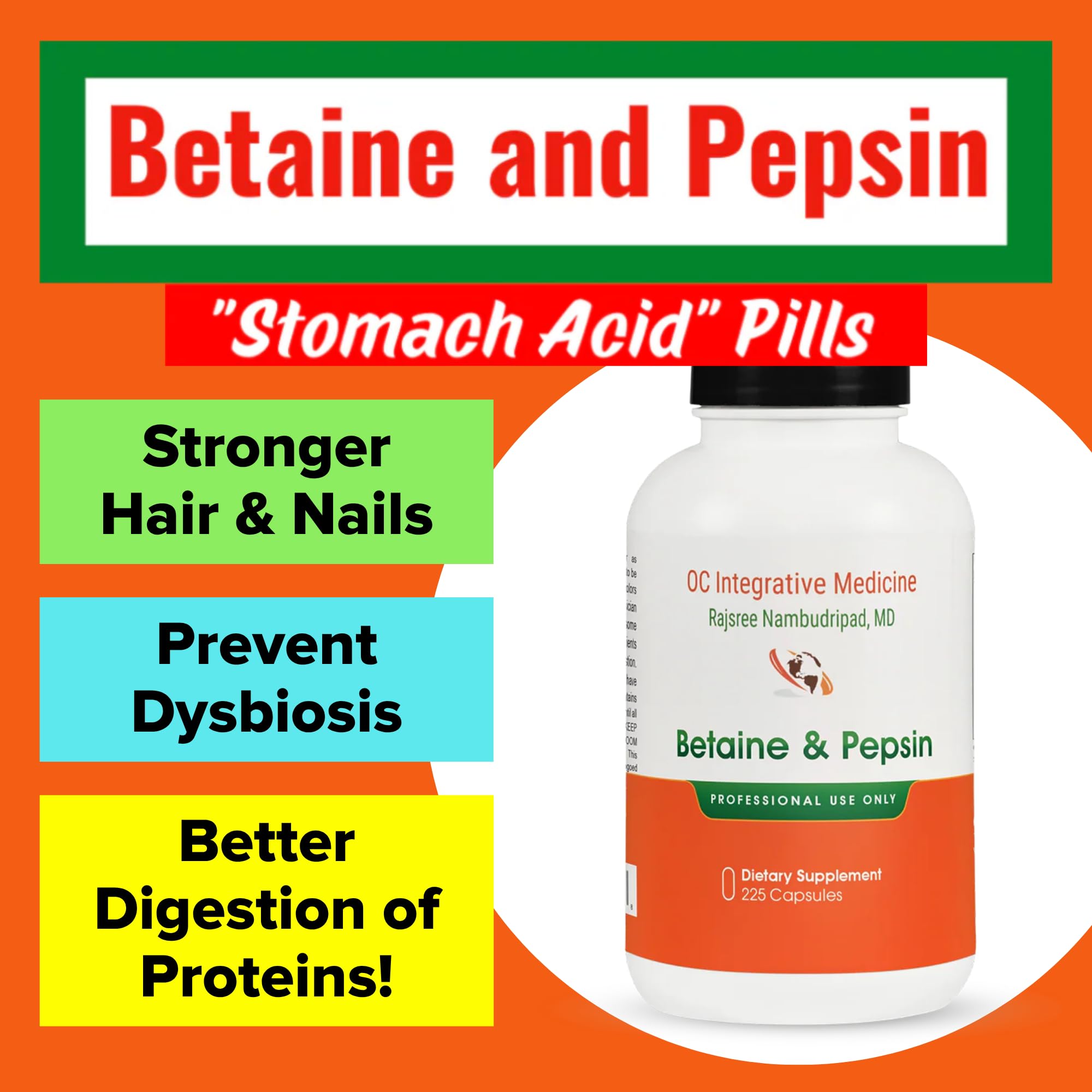 Dr. Rajsree Betaine Pepsin label close‑up with ingredients and usage notes.