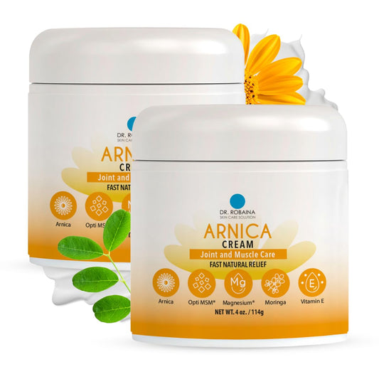 Dr. Robaina Arnica Bruises Cream bottle showing concentrated formula for skin tone support.