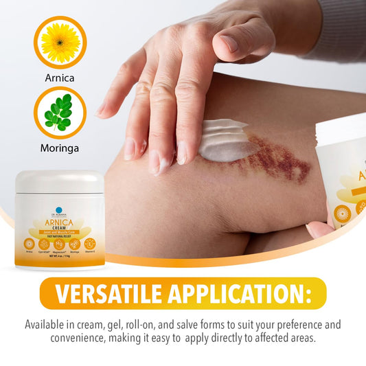 Close-up texture of Dr. Robaina Arnica Bruises Cream demonstrating quick absorption.