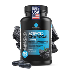 Dr. Robaina bottle-front capsules for fast gas relief after meals.