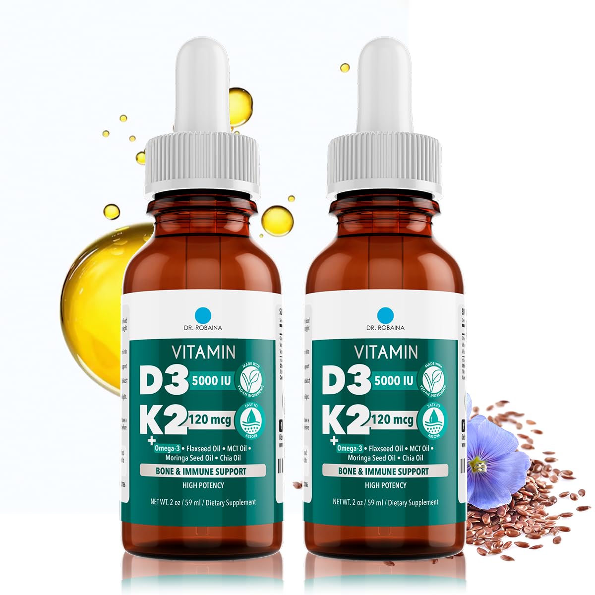 Dr. Robaina Vitamin D3 + K2 drops bottle for daily wellness and bone support.