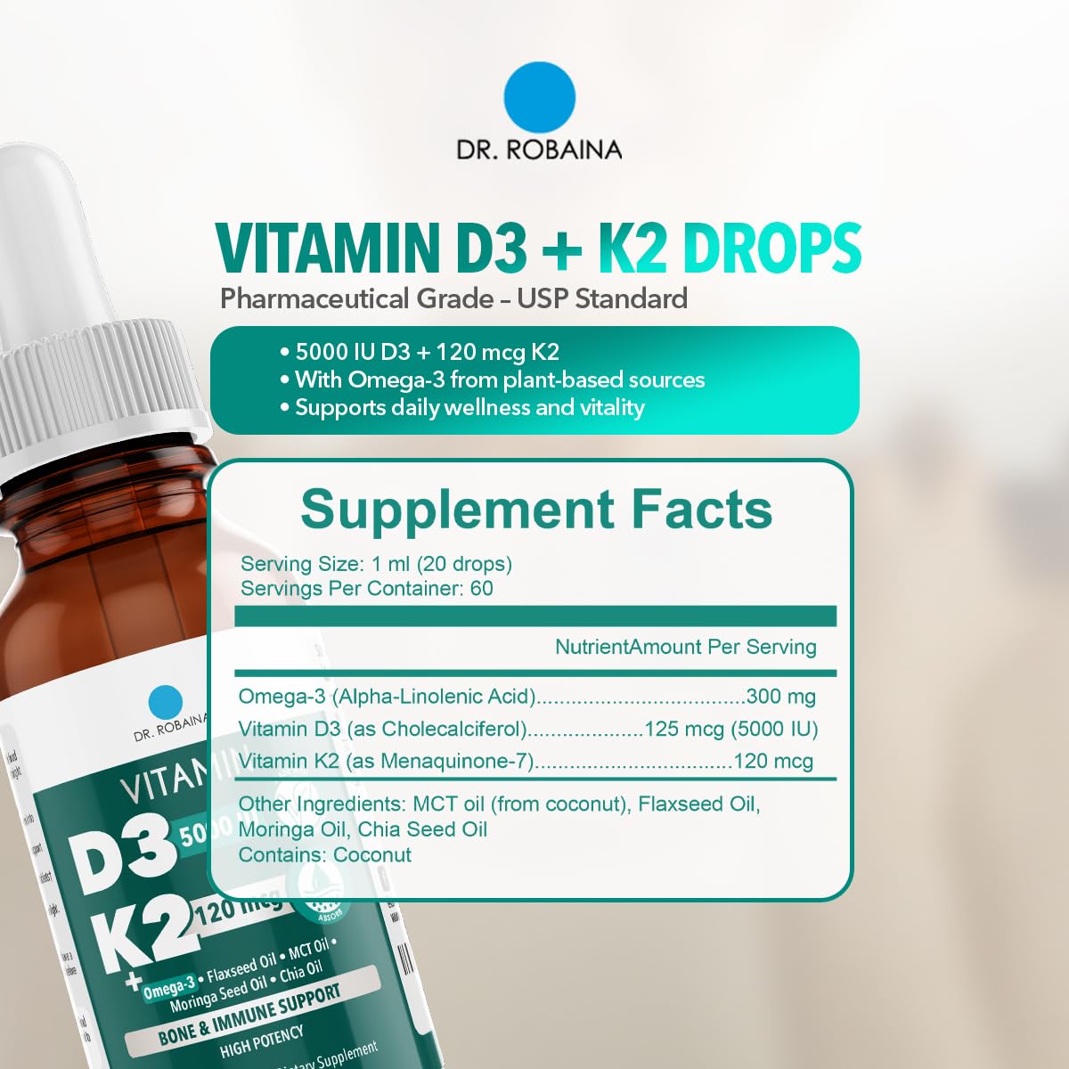 Dr. Robaina D3 + K2 drops on countertop for everyday routine.