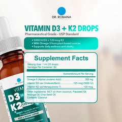 Dr. Robaina D3 + K2 drops on countertop for everyday routine.