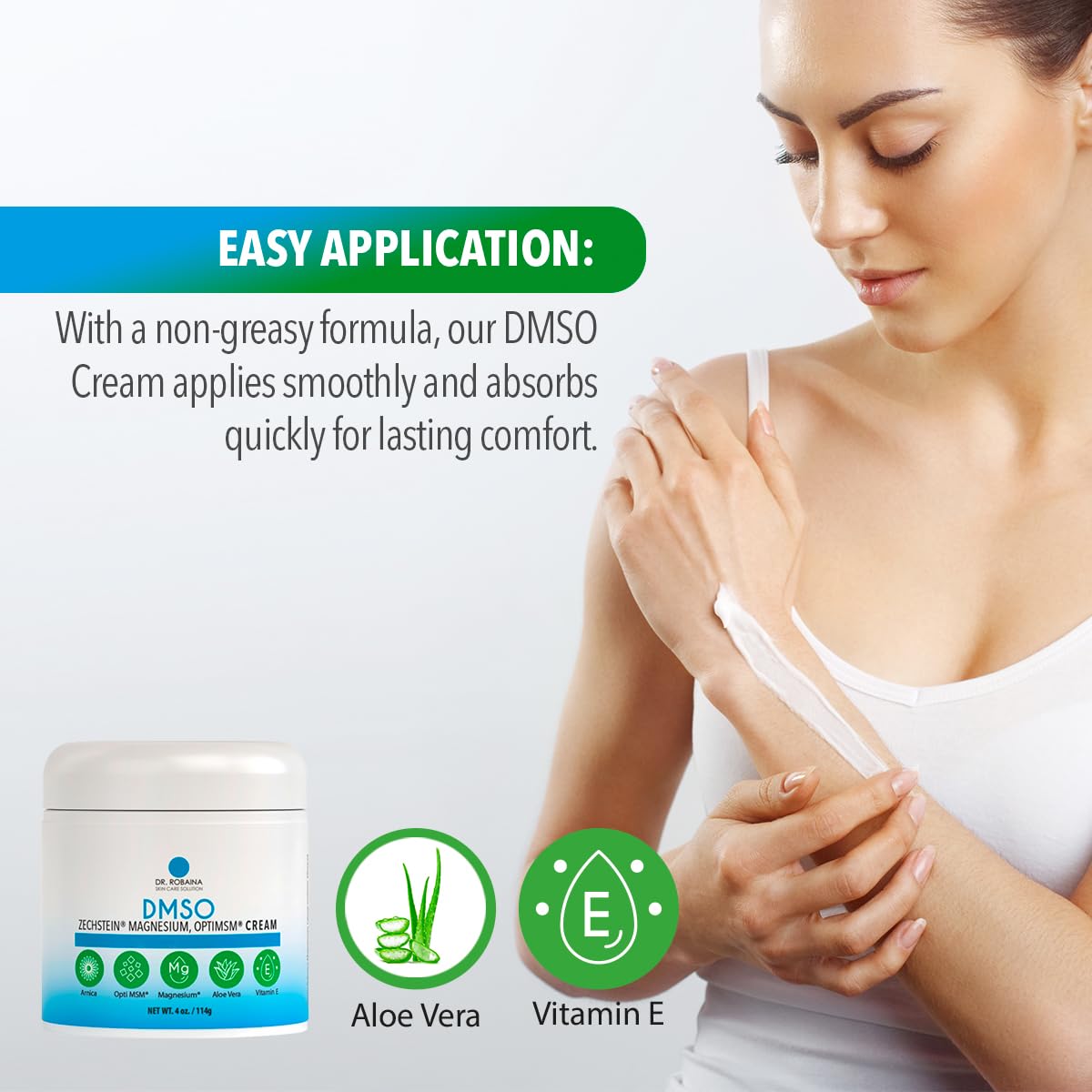 Application on skin showing Arnica and Aloe Vera in Dr Robaina Cream.