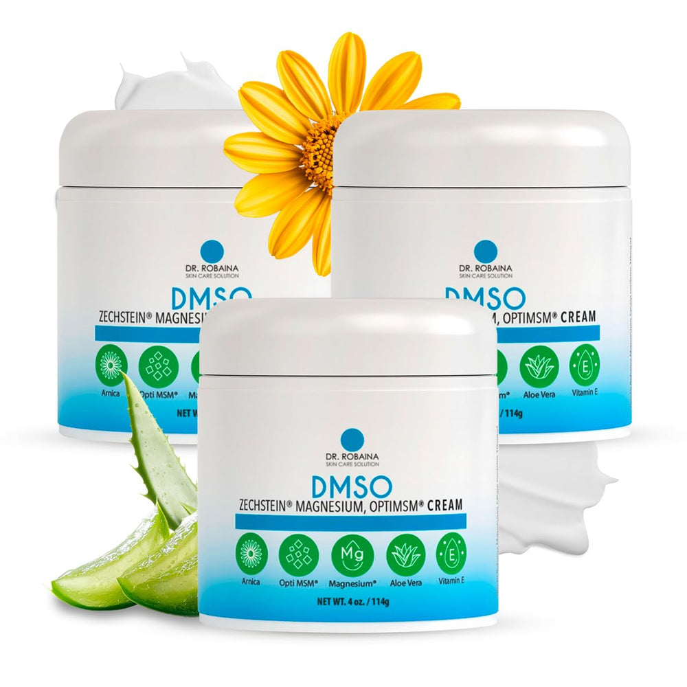Dr Robaina DMSO Cream bottle shown for daily skin care usage.