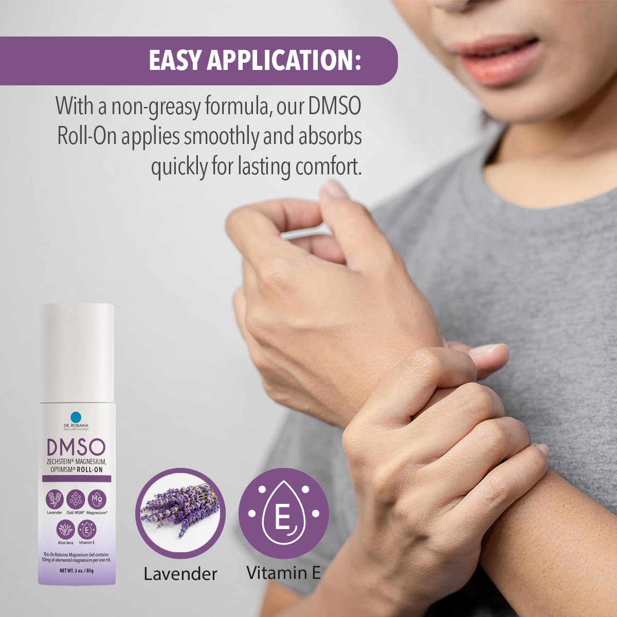 Roll-On on wrist for portable skincare with lavender aroma.