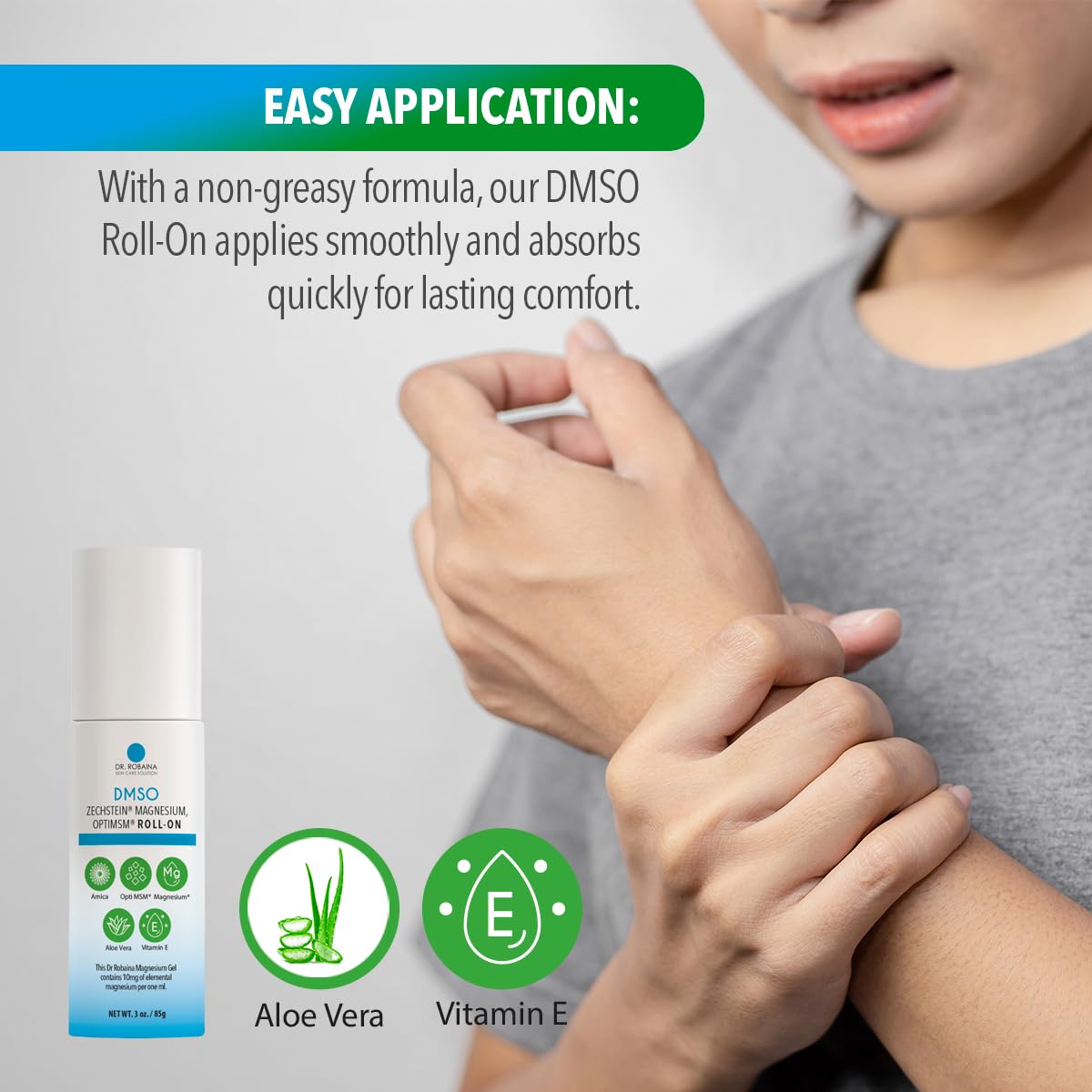 Dr. Robaina DMSO Roll-On with aloe delivers lightweight absorption daily.