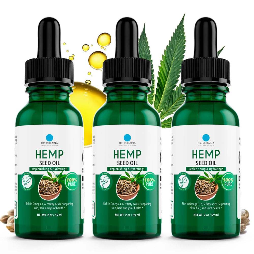 Dr. Robaina hemp seed oil bottle shown for pure, non-greasy hydration.