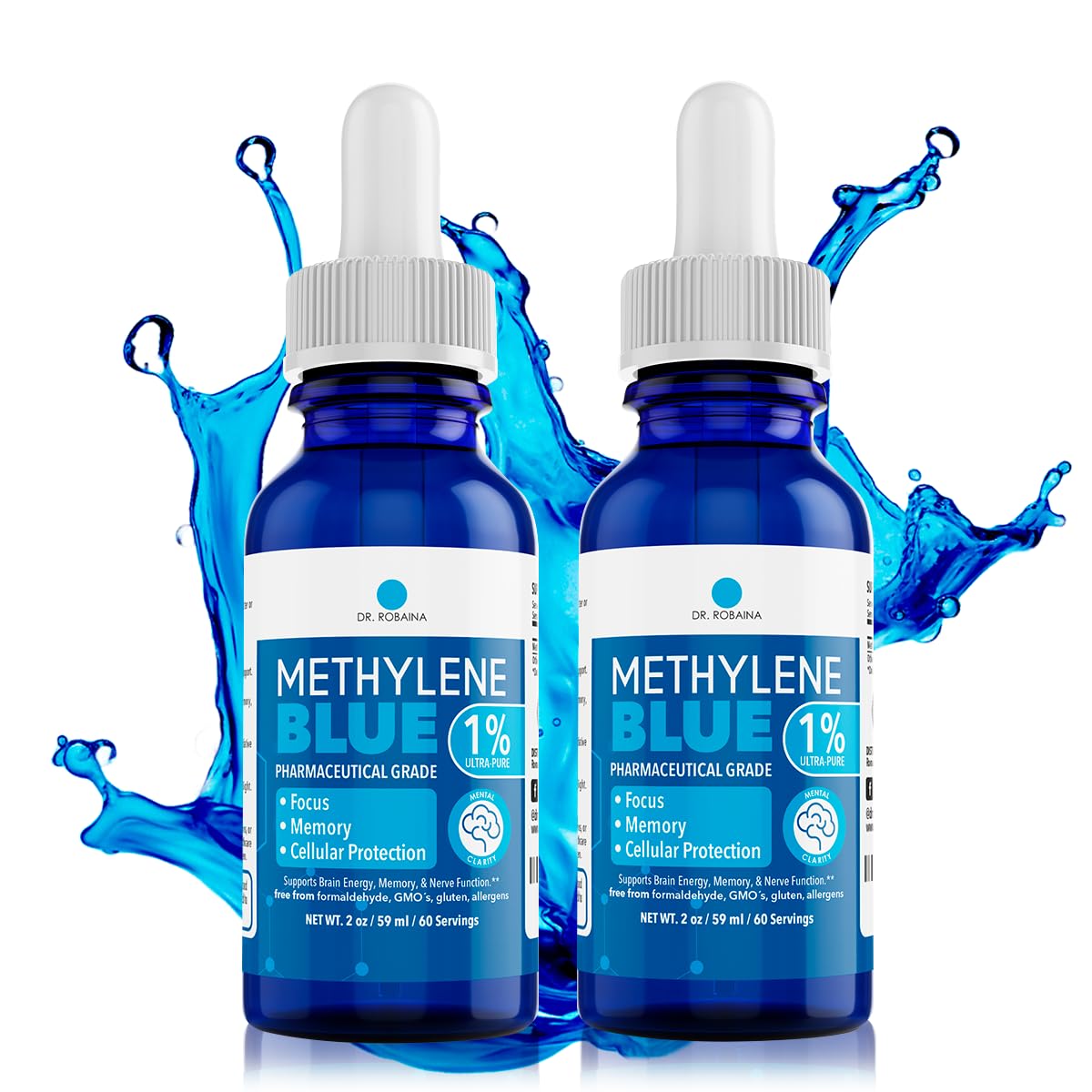 Dr. Robaina Methylene Blue bottle close-up highlighting pharmaceutical-grade formula for daily focus